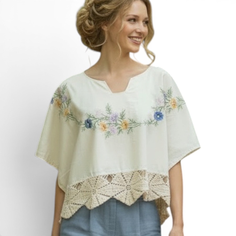 Vintage Floral Embroidered Crochet Lace Hem Cropped Kaftan Blouse Cream sz Med